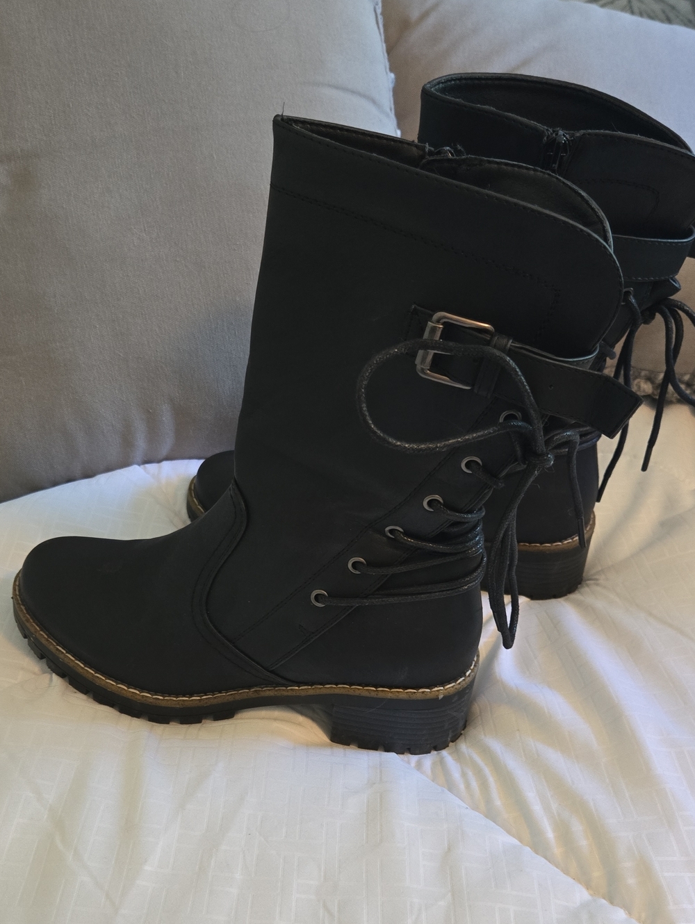 Global Win Black Lace-Up Buckle Mid-Calf Boots